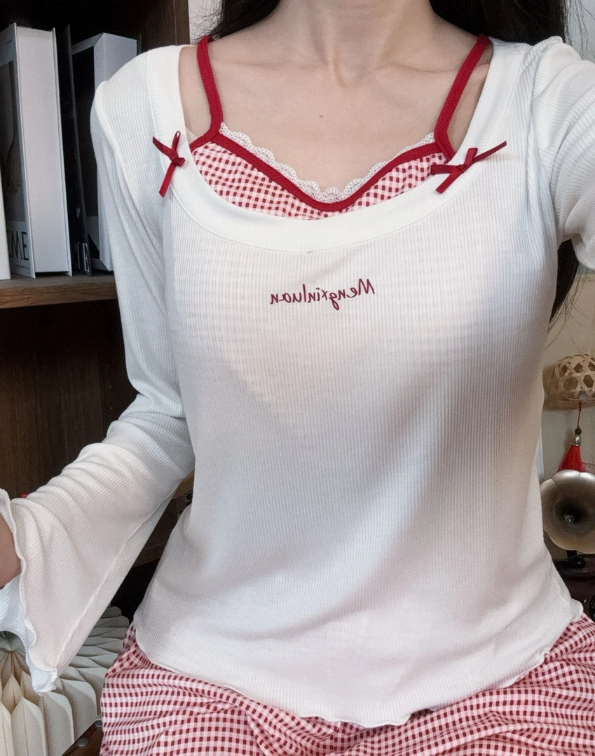 新年红~甜辣风长袖睡衣女春秋带胸垫休闲可外穿家居服套装