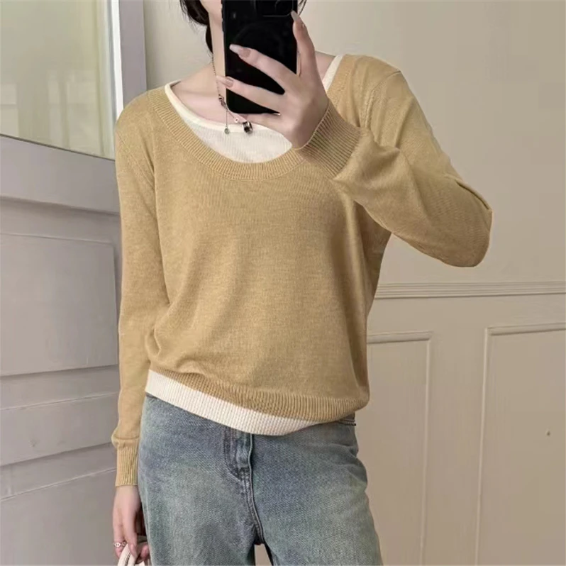 【假两件套头】撞色假两件针织衫上衣慵懒设计感圆领套头长袖打底衫