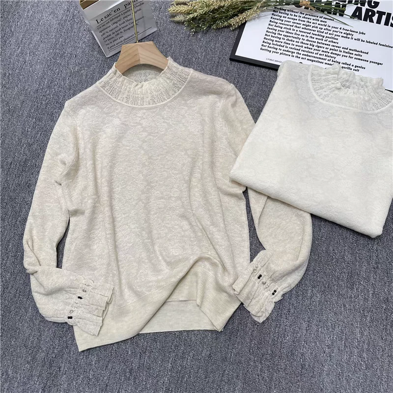 时尚洋气蕾丝法式温柔设计感甜美针织衫女内搭打底毛衣减龄外穿