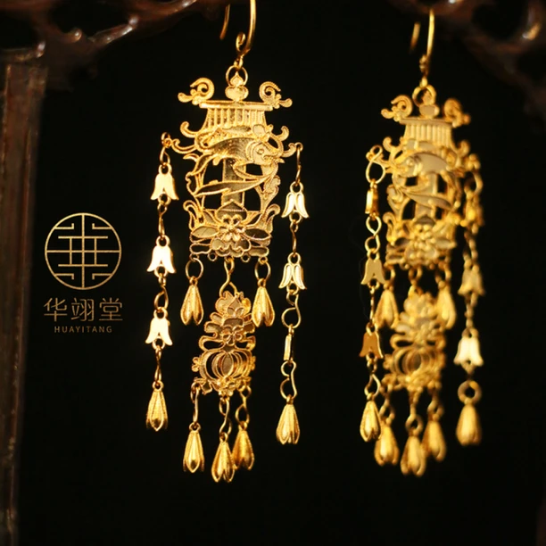 铜合金耳饰 华翊堂原创设计镀金仿花丝錾刻工艺鱼跃龙门耳饰