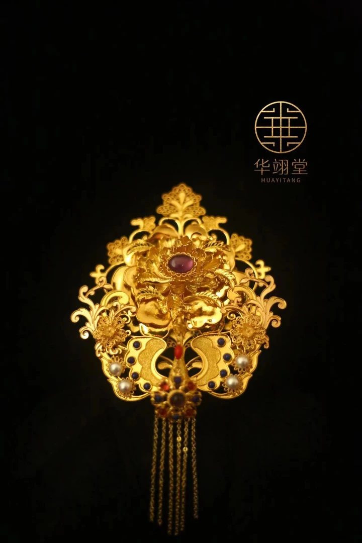 铜合金婚庆饰品 华翊堂原创设计铜镀金仿花丝多宝牡丹凤发冠手工
