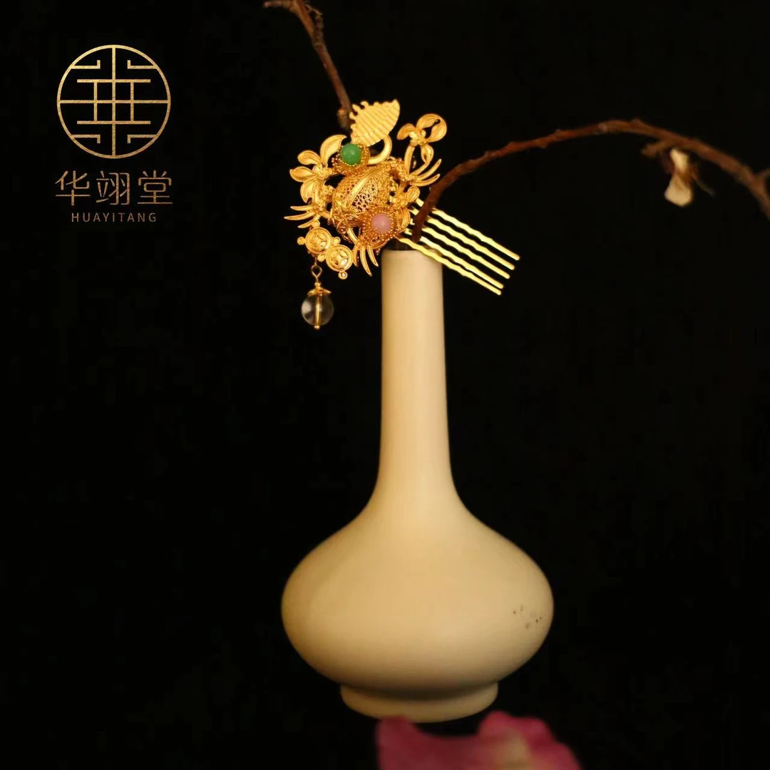 铜合金婚庆饰品 华翊堂原创设计铜镀金金蟾吐珠簪