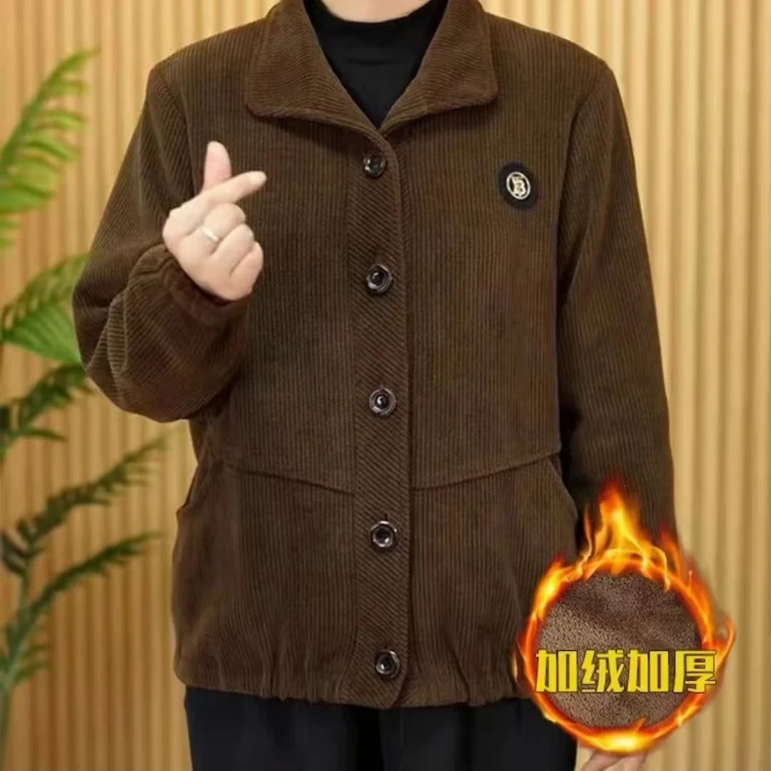 中老年翻领秋冬时尚休闲妈妈装奶奶装短款加绒上衣外套