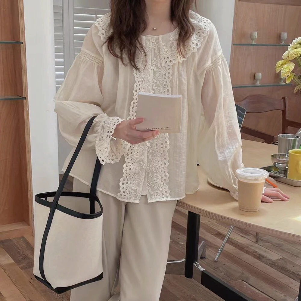 ZYMY 早秋重工花边气质显瘦花边领上衣