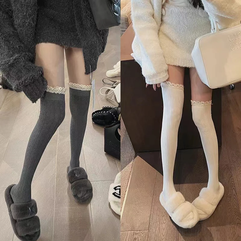 长筒袜女秋冬加厚蕾丝花边针织过膝袜日韩风高筒袜学生款