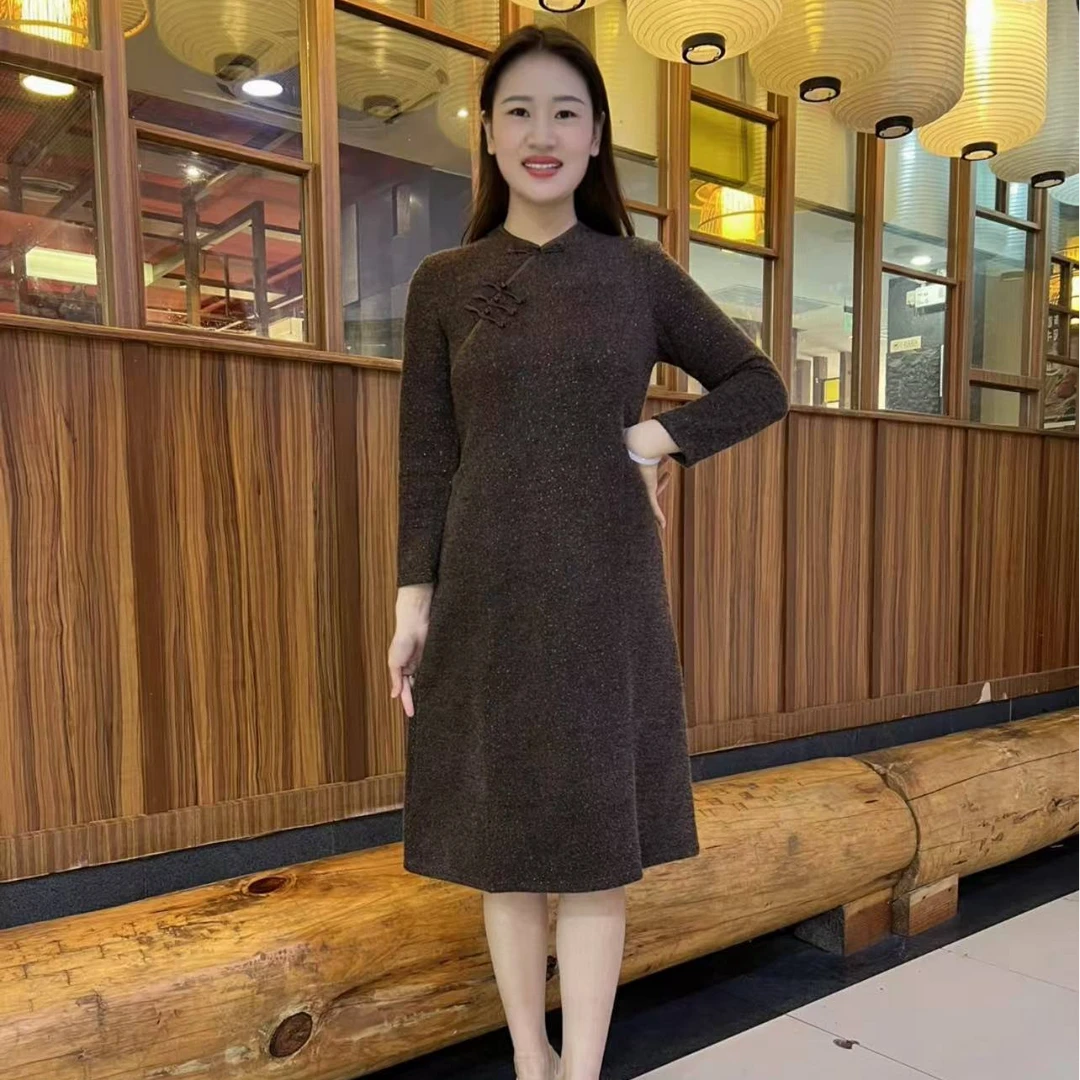 高档国风长袖改良旗袍连衣裙女2024秋冬新款配大衣妈妈加厚裙子