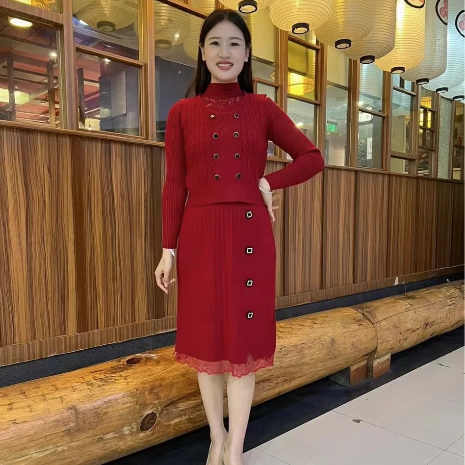 针织毛衣气质两件套秋冬百搭气质百褶连衣裙显瘦长袖弹力时尚气质