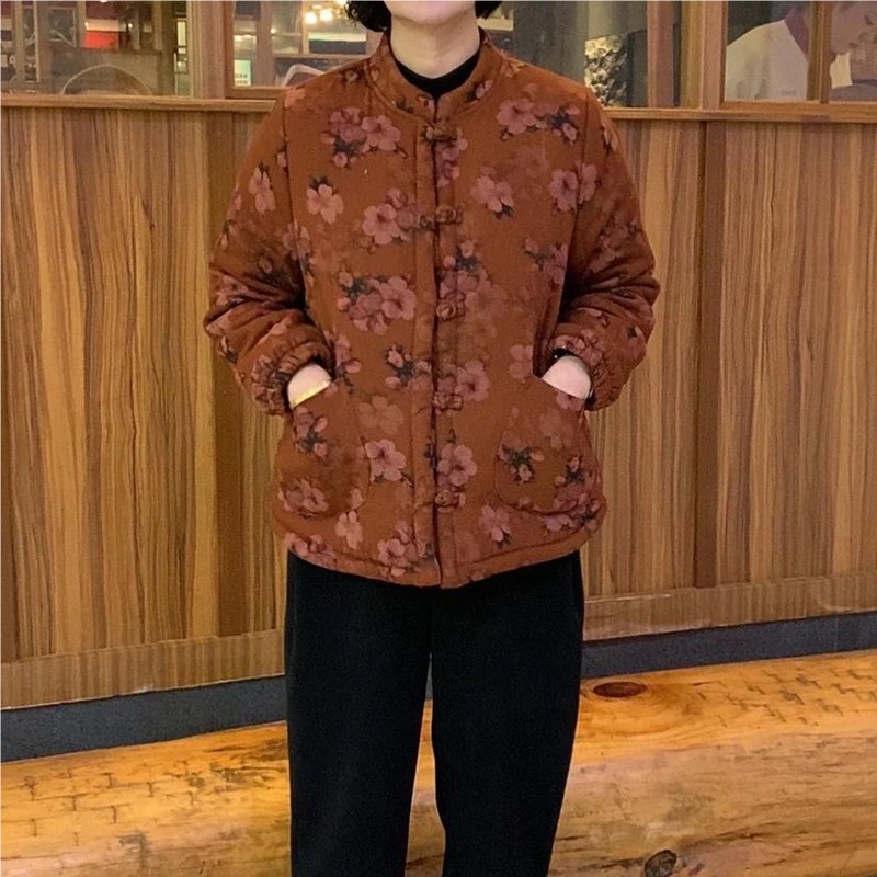 冬季新款时尚中国风中老年妈妈棉服印花大码加绒加厚保暖棉袄外套