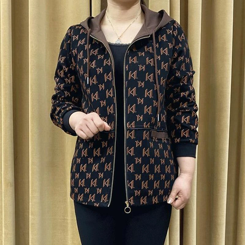 2025春季新款中老年妈妈装休闲减龄连帽外套时尚宽松大码遮肚上衣