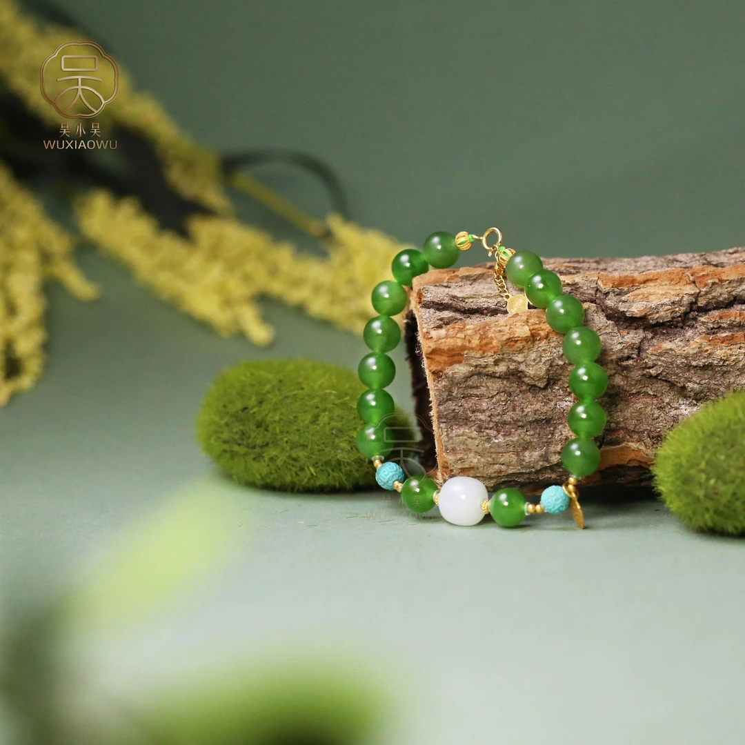 吴小吴珠宝 【翠雪松】18K金+新中式和田玉碧玉手串气质镶嵌单圈