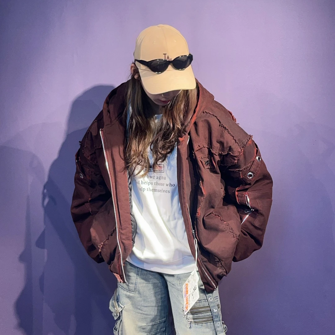 重磅新款水洗牛仔灰红双层连帽棒球服多口袋拉链设计男女做旧棉服