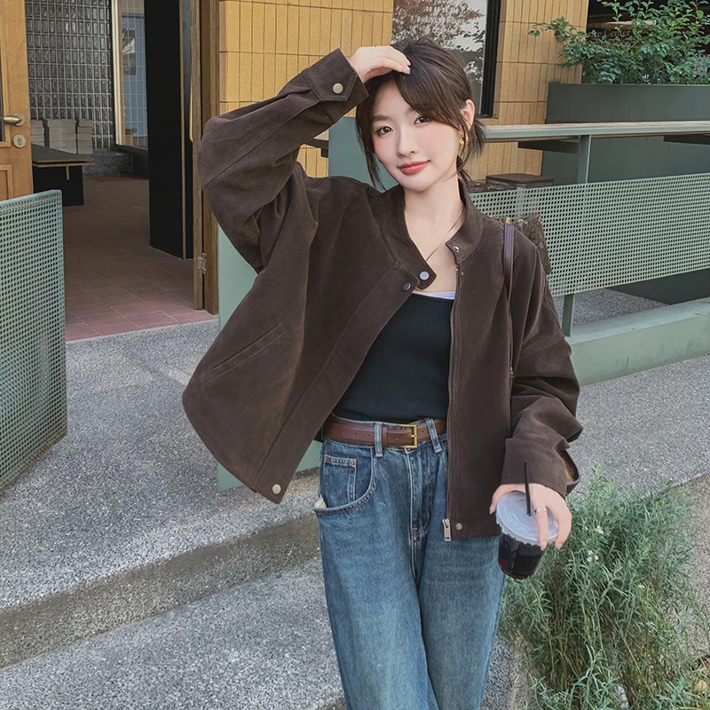 又a又飒美拉德麂皮绒短外套女春秋2024新款韩系气质休闲复古夹克