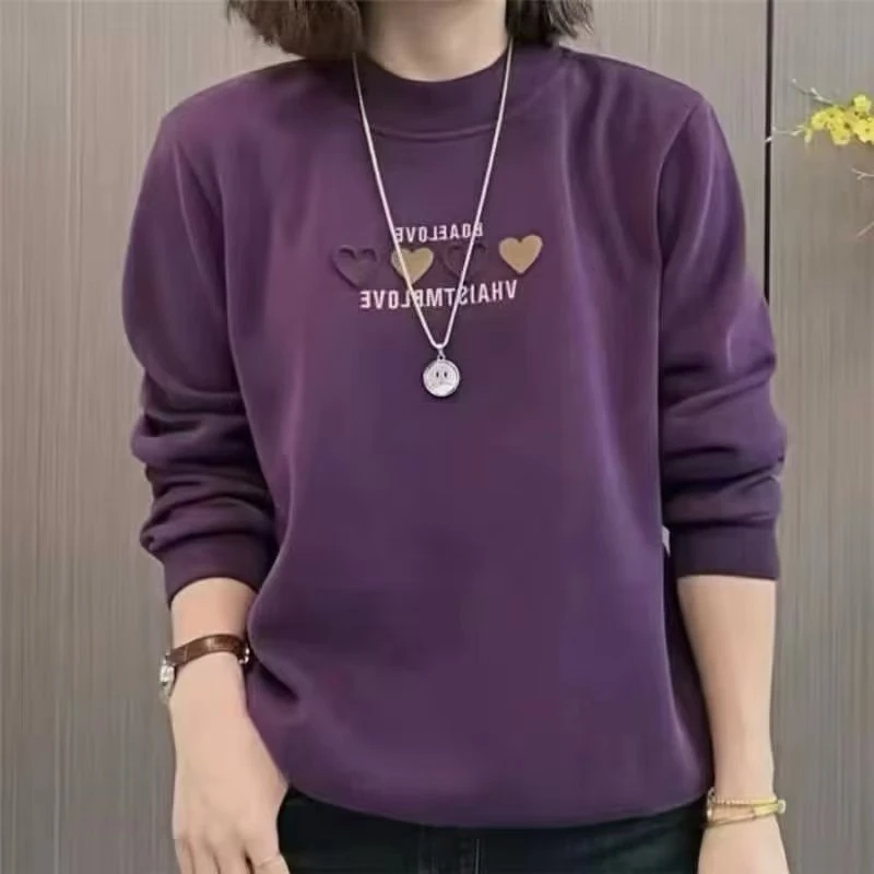 女冬季新款半高领宽松大码遮肚显瘦上衣女妈妈装圆领小爱心