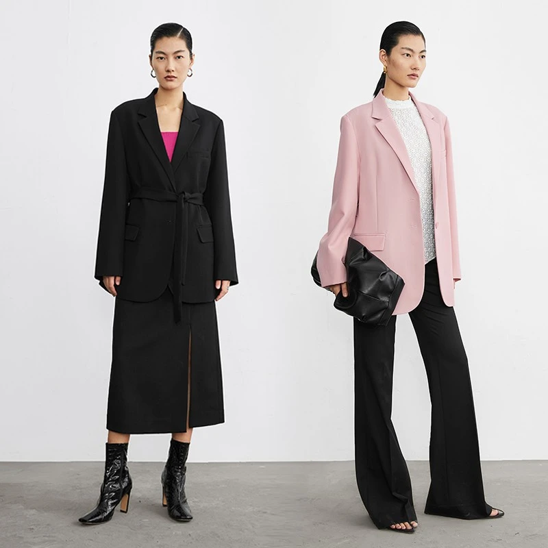 RoseLingLing重工精纺美利奴羊毛显瘦有型可拆卸腰带廓形西装外套