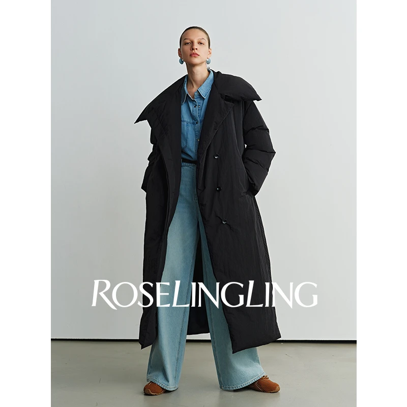 Roselingling御寒王牌 90白鸭绒围裹式翻/立两穿领长款被子羽绒服