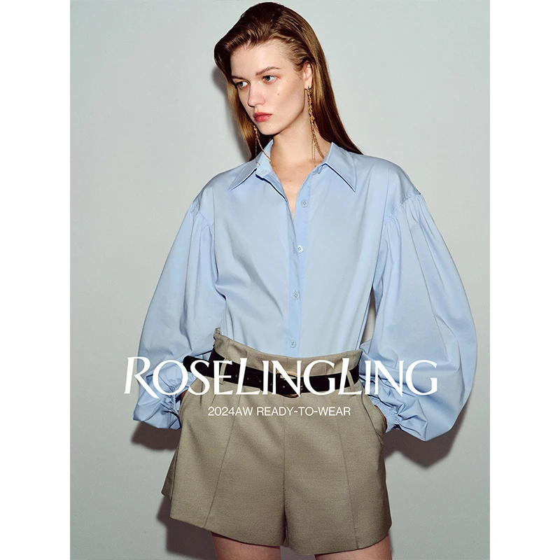 ROSELINGLING通勤高阶造型敲细敲弹新疆棉锦府绸复古感泡泡袖衬衫