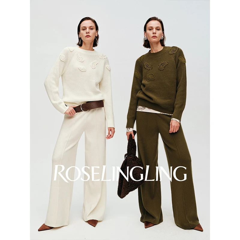 ROSELINGLING通勤苾入双股手工钩编腰果花宽松套头上衣直筒裤