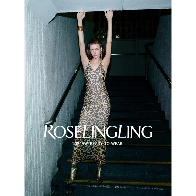 ROSELINGLING时髦苾入原创豹美人印花时髦显瘦度假约会吊带连衣裙