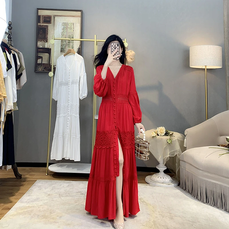 清仓！春游出行衣服高质感度假民族风沙滩裙红色长连衣裙女款