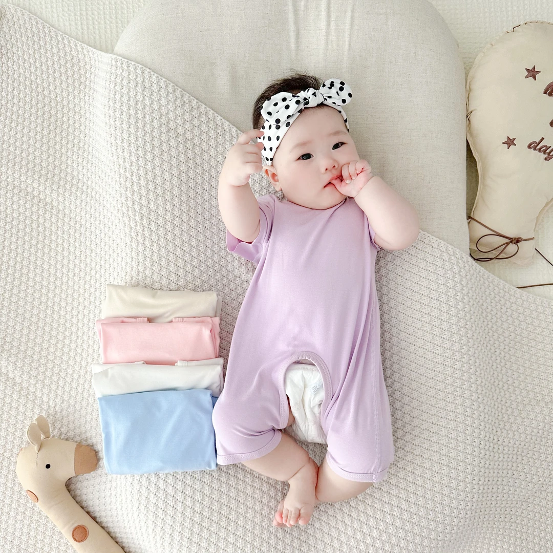 婴儿夏季连体衣新生儿薄款爬服莫代尔睡衣无骨外出衣服短袖哈衣