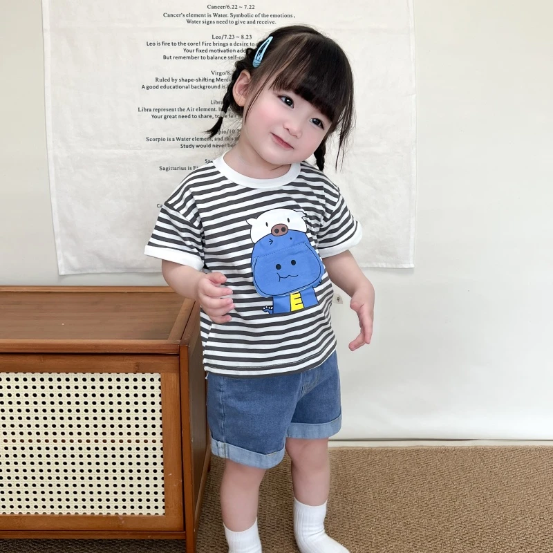 新款女童宝宝纯棉条纹卡通短袖T恤儿童男童夏季短袖童装小童上衣