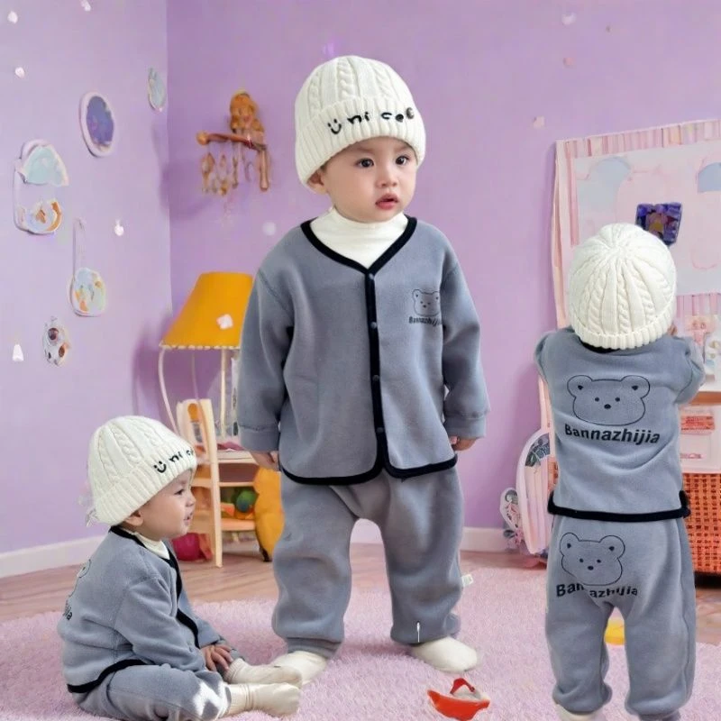 洋气宝宝秋冬加绒分体套装婴幼儿保暖一体绒二件套婴儿开衫套装