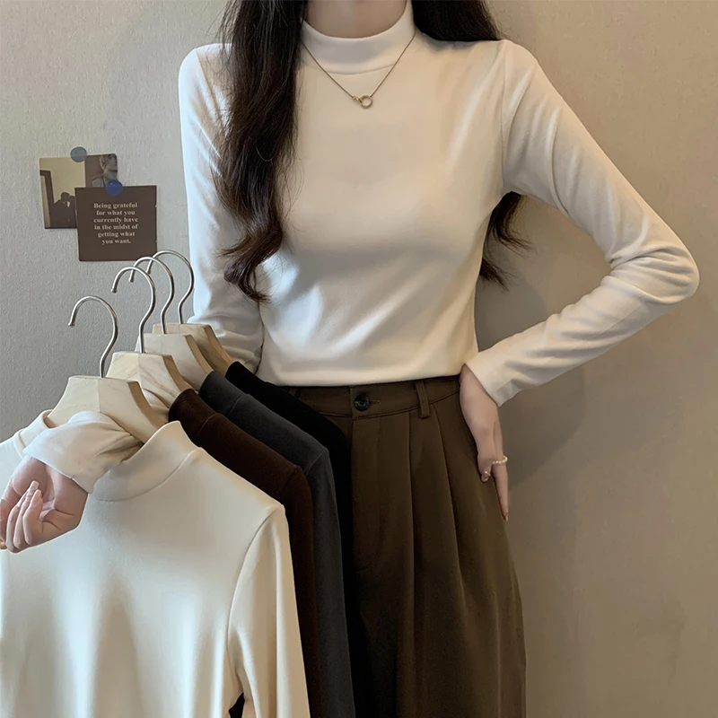 双面磨毛绒打底衫女百搭长袖上衣正肩显瘦2025秋冬韩版半高领纯色