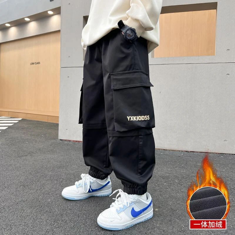 男童一体加绒工装裤子春秋冬款2023新款冬季中大儿童冬装休闲加厚