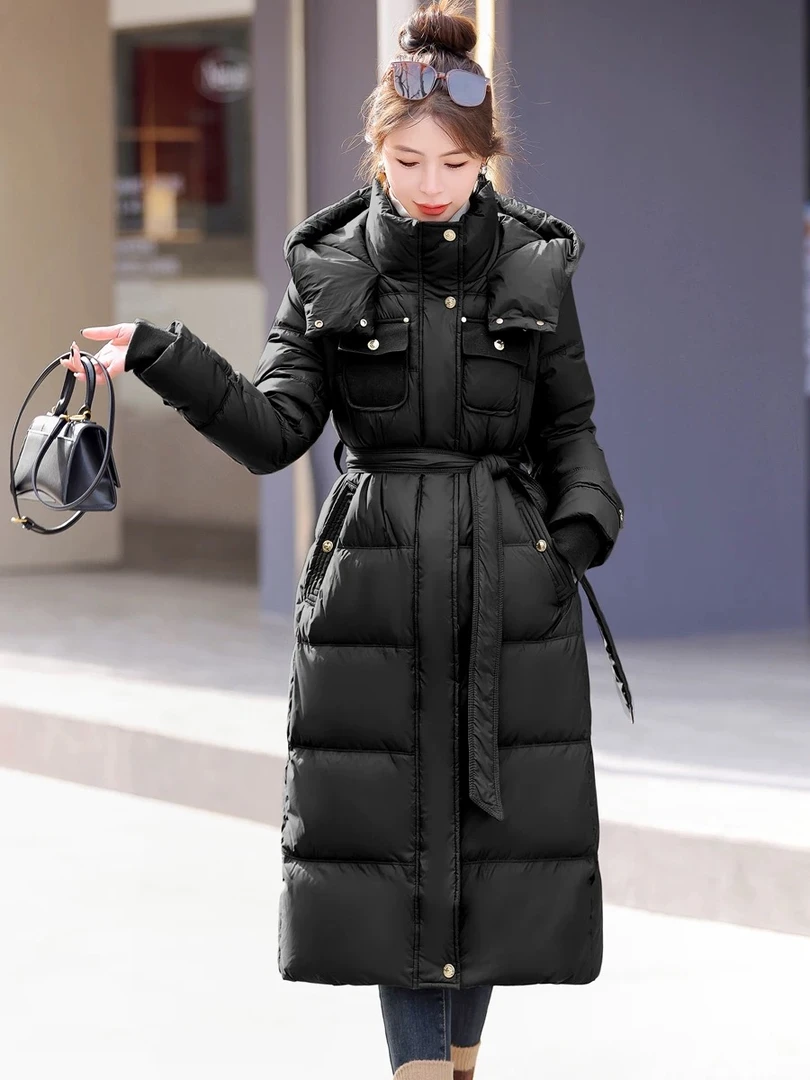 2024新款轻奢鹅绒长款加厚冬季连帽时尚保暖羽绒服收腰显瘦修身女