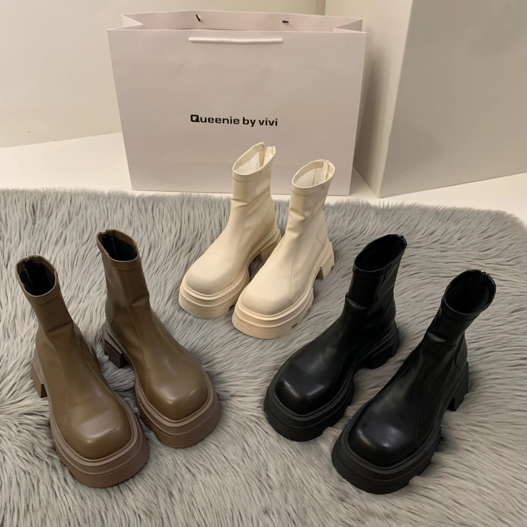 原单厚底白色方头马丁靴女鞋2023年新款夏季瘦瘦春秋冬短靴子百搭