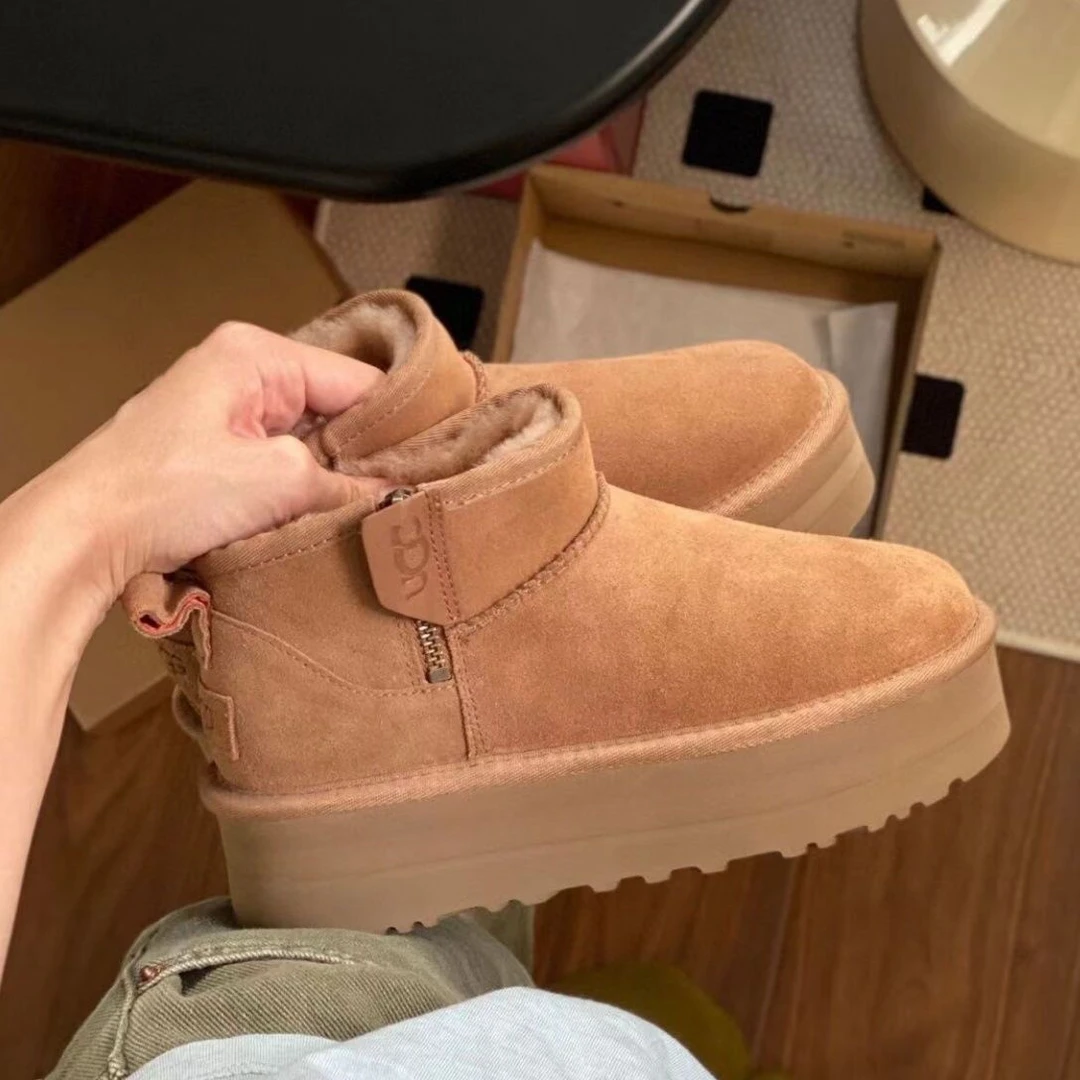 小熊厚底雪地靴2023年冬季皮毛一体保暖厚底松糕字母短靴显腿长