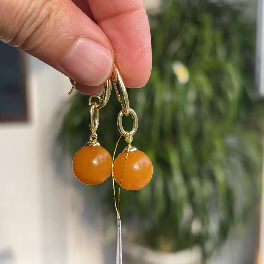 蜜蜡耳钩 琥珀耳钩 圆珠耳钩百搭时尚气质 精美珠珠耳勾