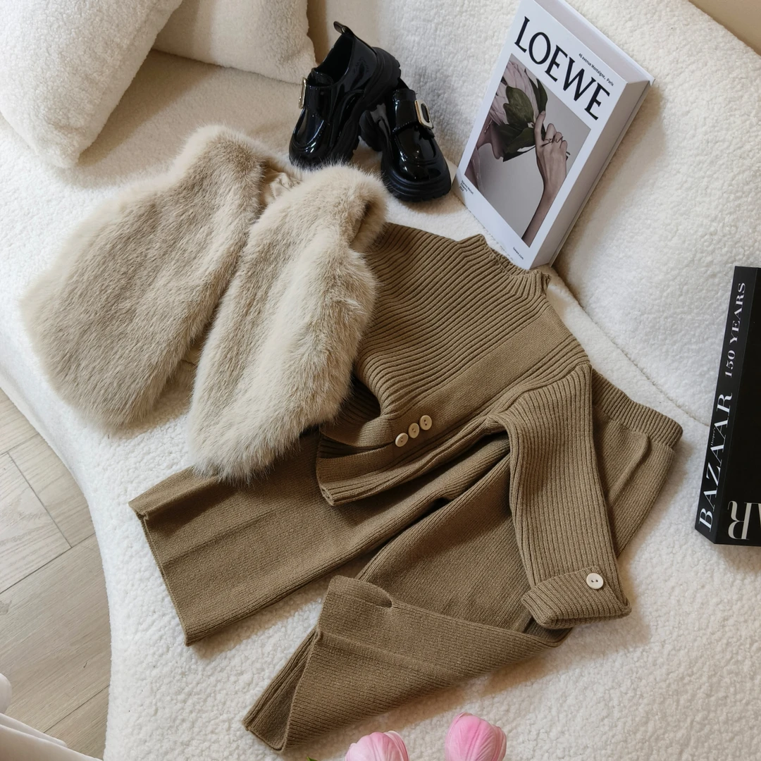 女童套装2024秋冬新款女孩毛毛马甲洋气加厚针织衫阔腿裤三件套