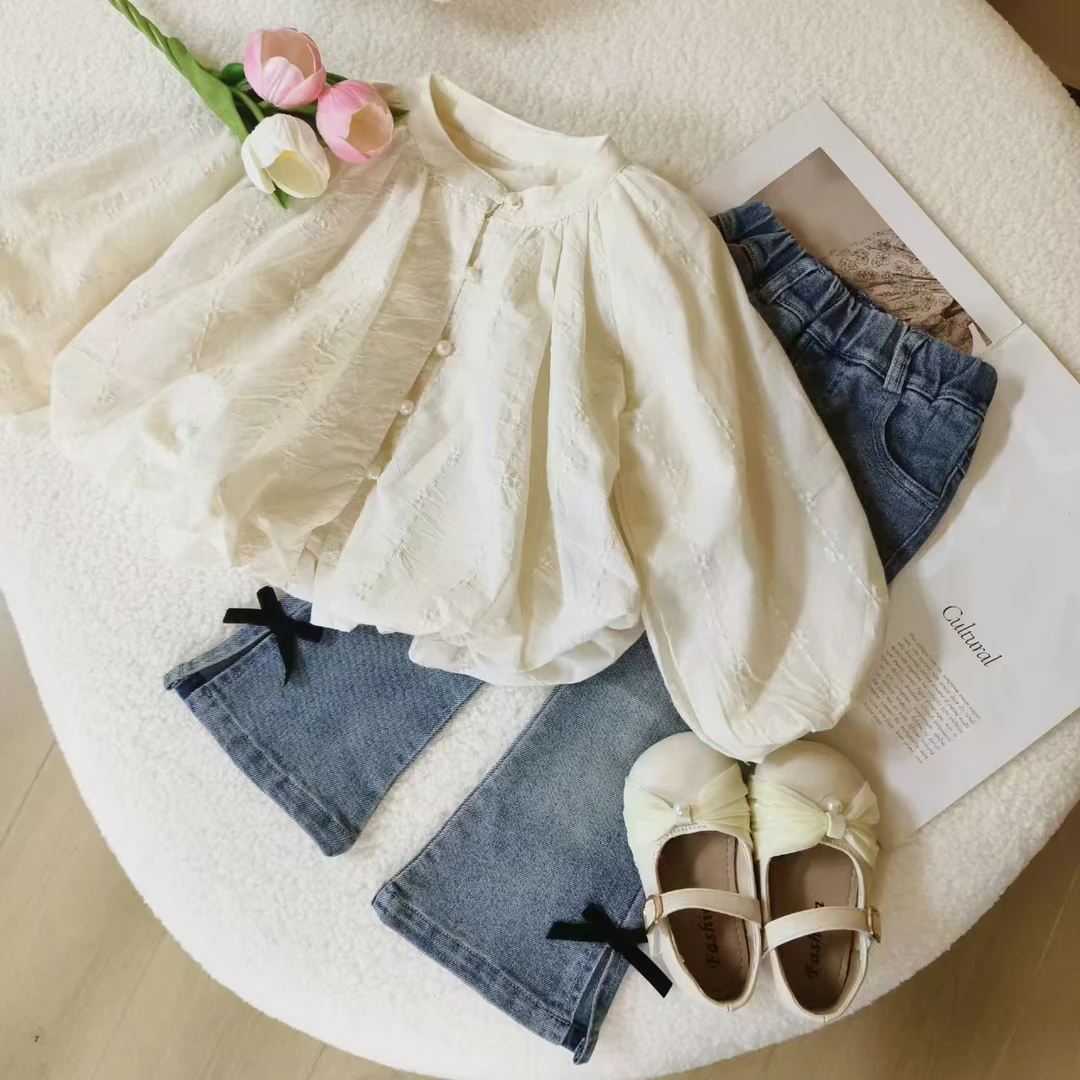 2024韩版新款秋季慵懒时尚套装灯笼袖蕾丝提花衬衫中大童娃娃衫