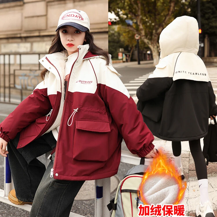 新款夹棉外套休闲冬款女童中大童男童加厚加绒保暖秋冬中长款洋气