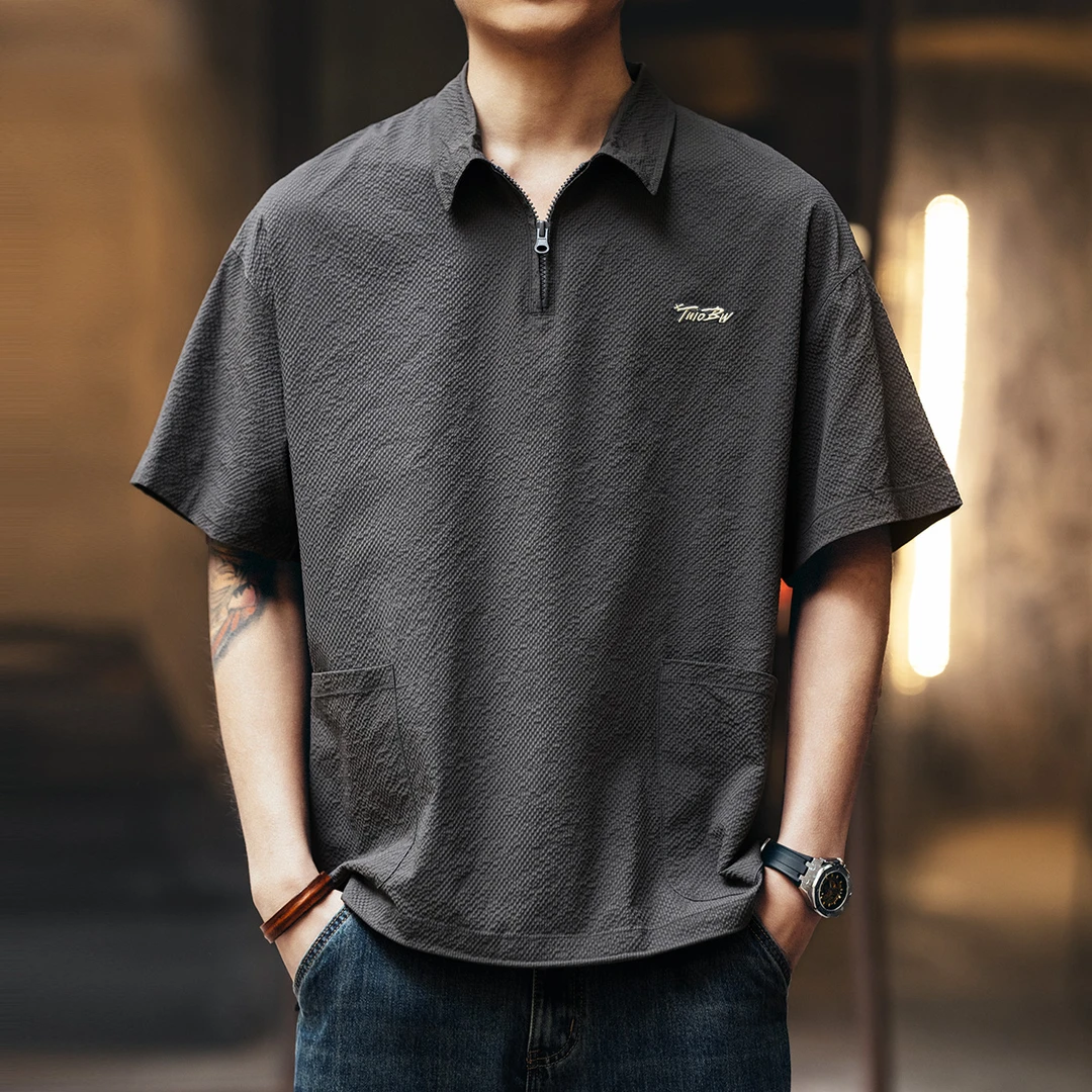 【加缤】3D泡泡肌理冰丝工装Polo衫男士夏季速干短袖半拉链半袖衬衣