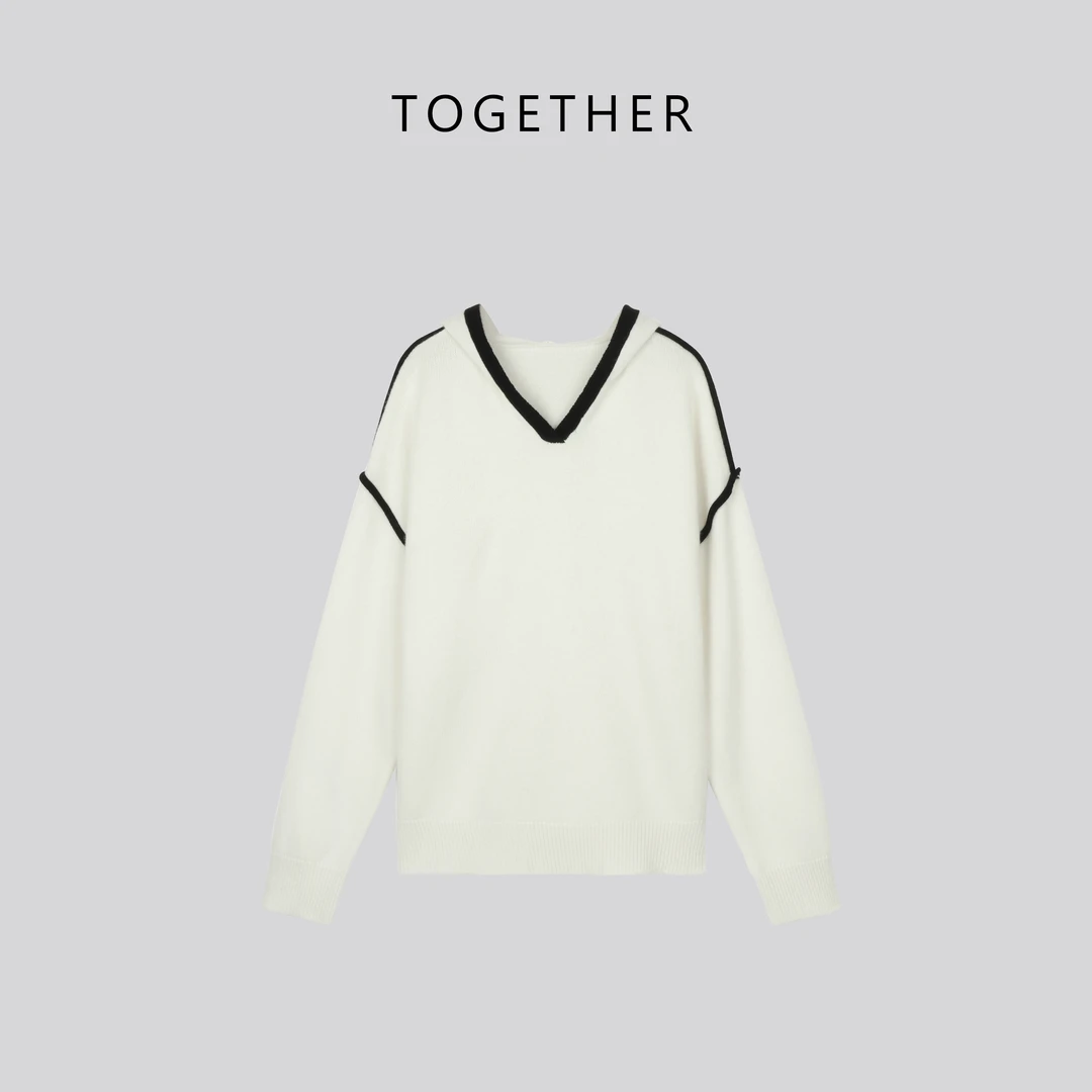 【Together】· 山茶 · 冬季撞色拼接设计款连帽针织毛衣#W1118