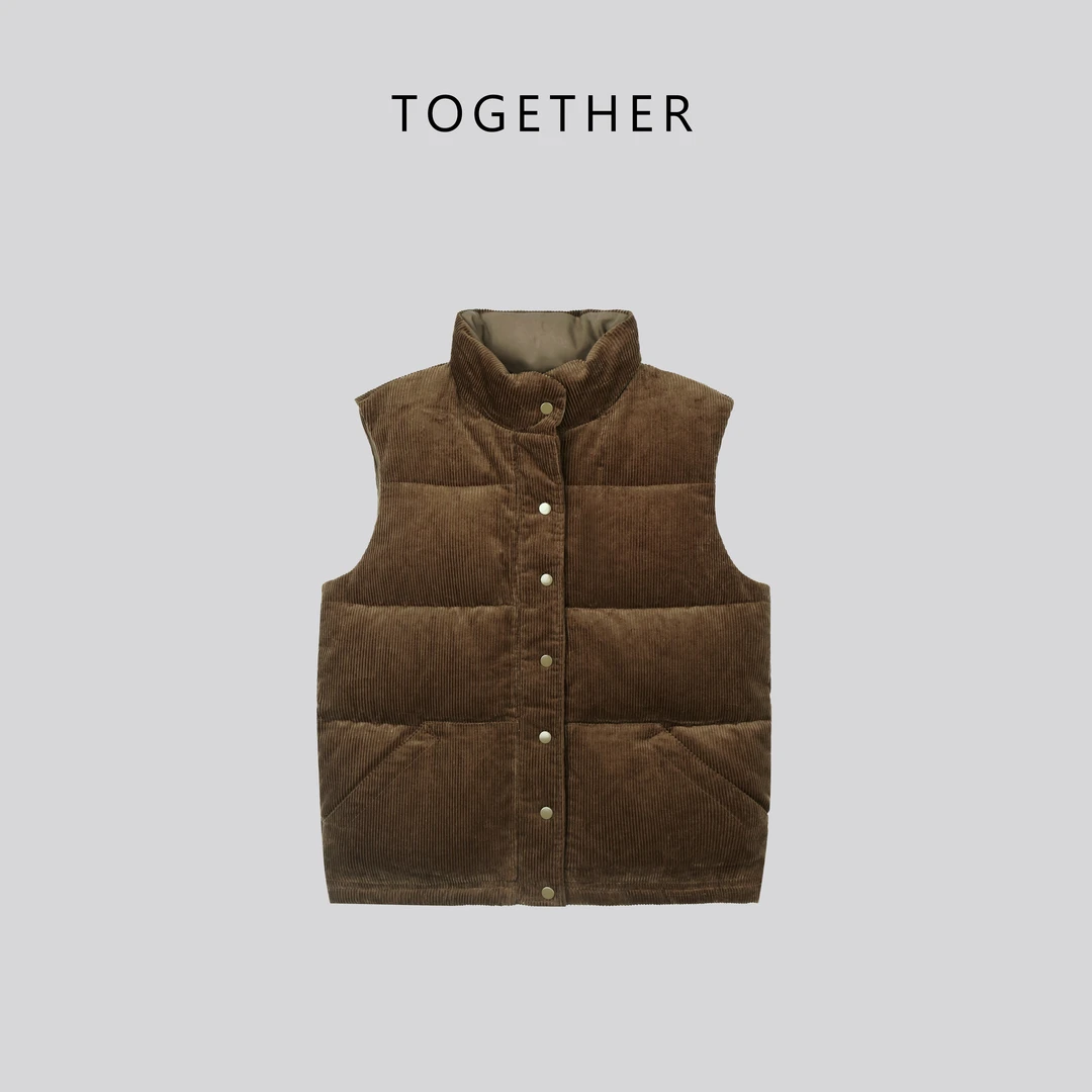 【Together】 · 尔文 · 冬季复古立领保暖灯芯绒羽绒马甲纯色#W1068
