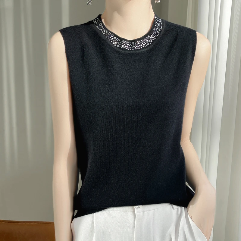 女背心打底气质宽松圆领无袖带钻吊带外穿简约打底衫