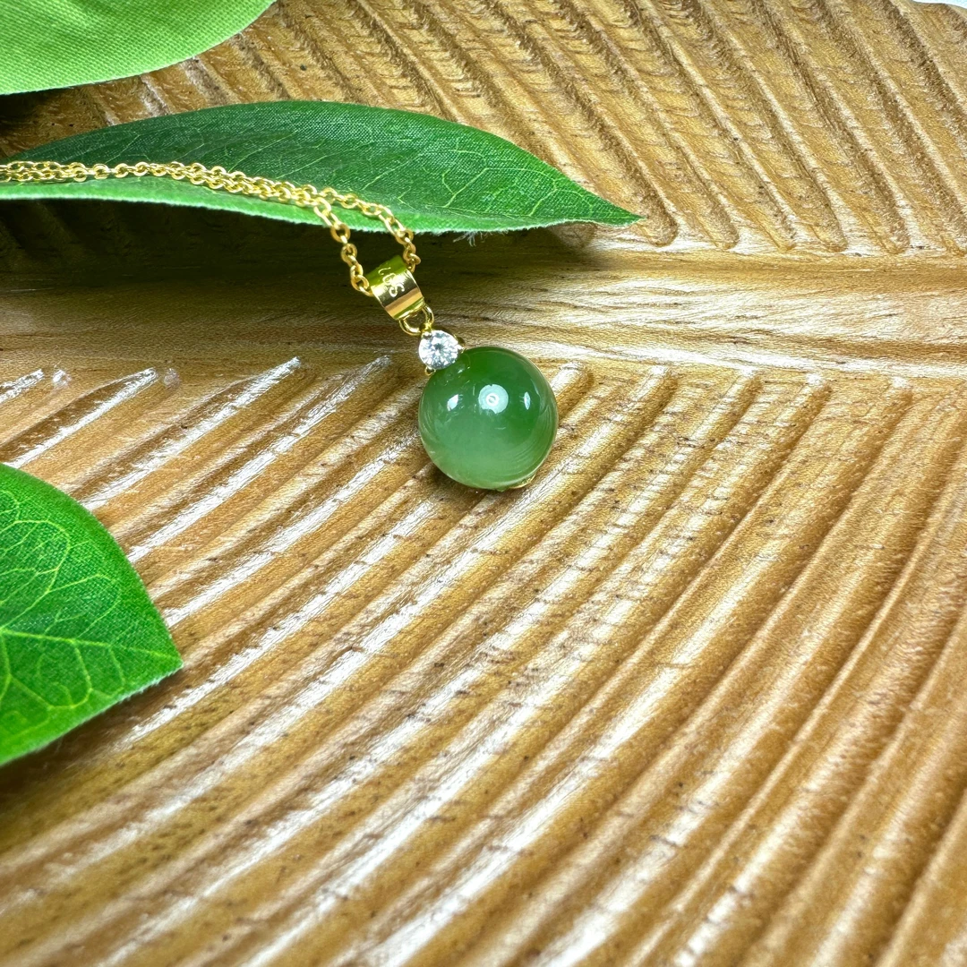 【小雅碧玉】和田玉碧玉12mm吊坠项链粉绿荧光经典显贵百搭银S925