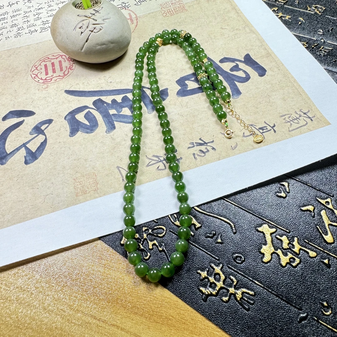 【小雅碧玉】和田玉碧玉项链颈链6mm气质时尚百搭银S925延长链