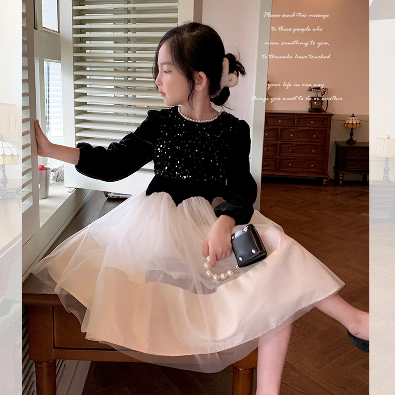 mini旦女童连衣裙春秋款高级感亮片礼服裙儿童网纱裙公主裙