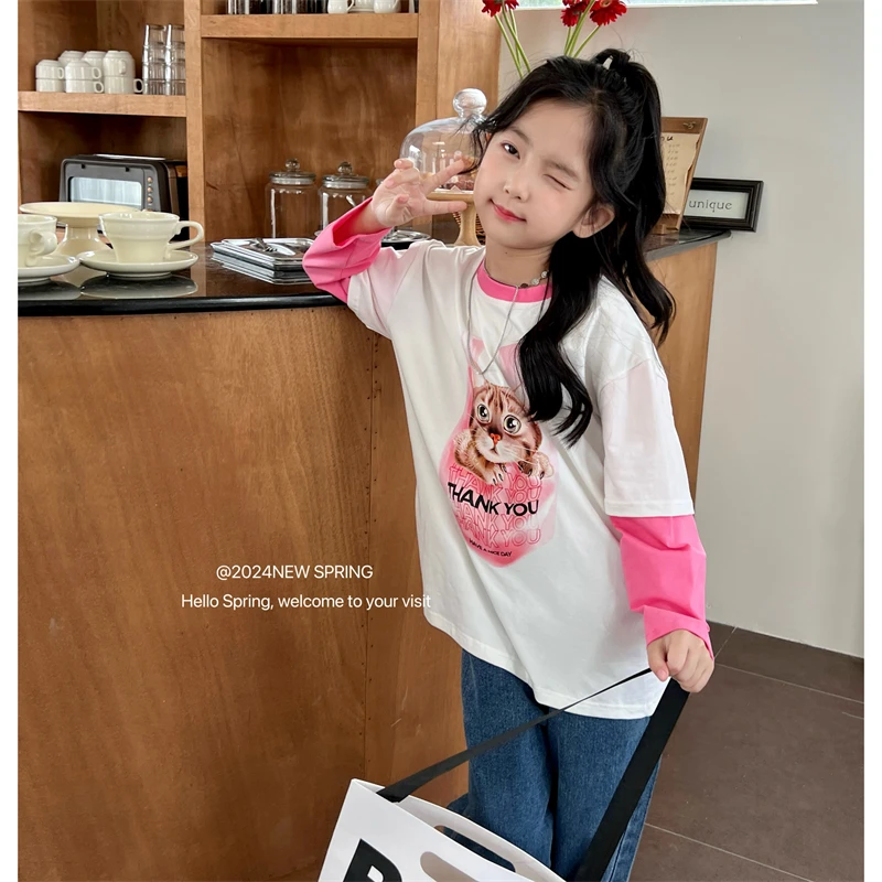 mini旦女童韩版时髦假两件长袖T恤春装新款儿童卡通休闲上衣