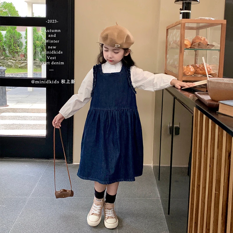 mini旦女童牛仔背带裙秋装新款韩版中大童时髦洋气吊带连衣裙