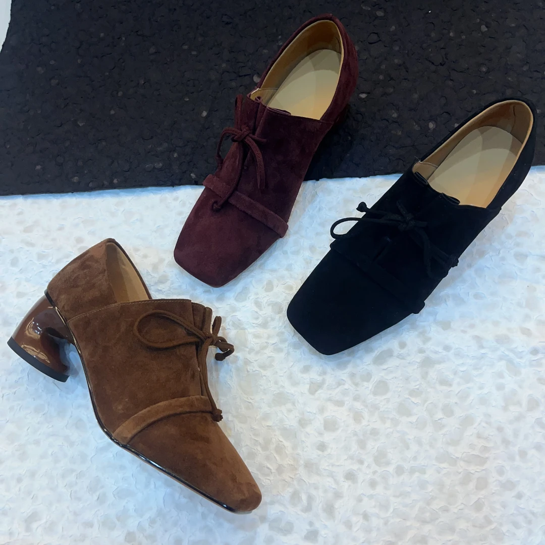 G PERLA2024秋季休闲百搭气质时尚女士粗跟方头系带深口单鞋