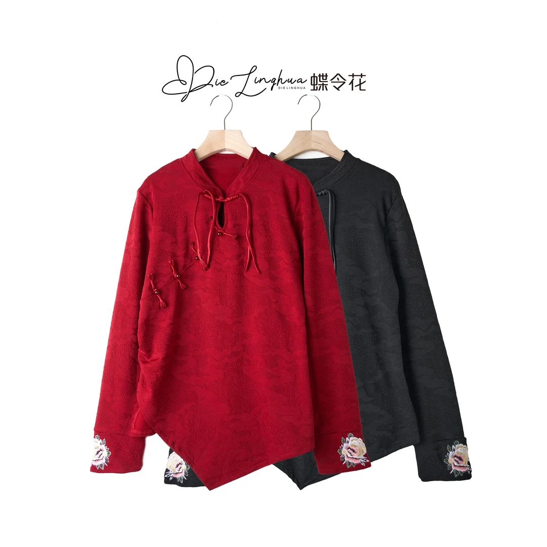 中国风提花上衣女士长袖网红新中式民族风复古红色加肥微胖-23601