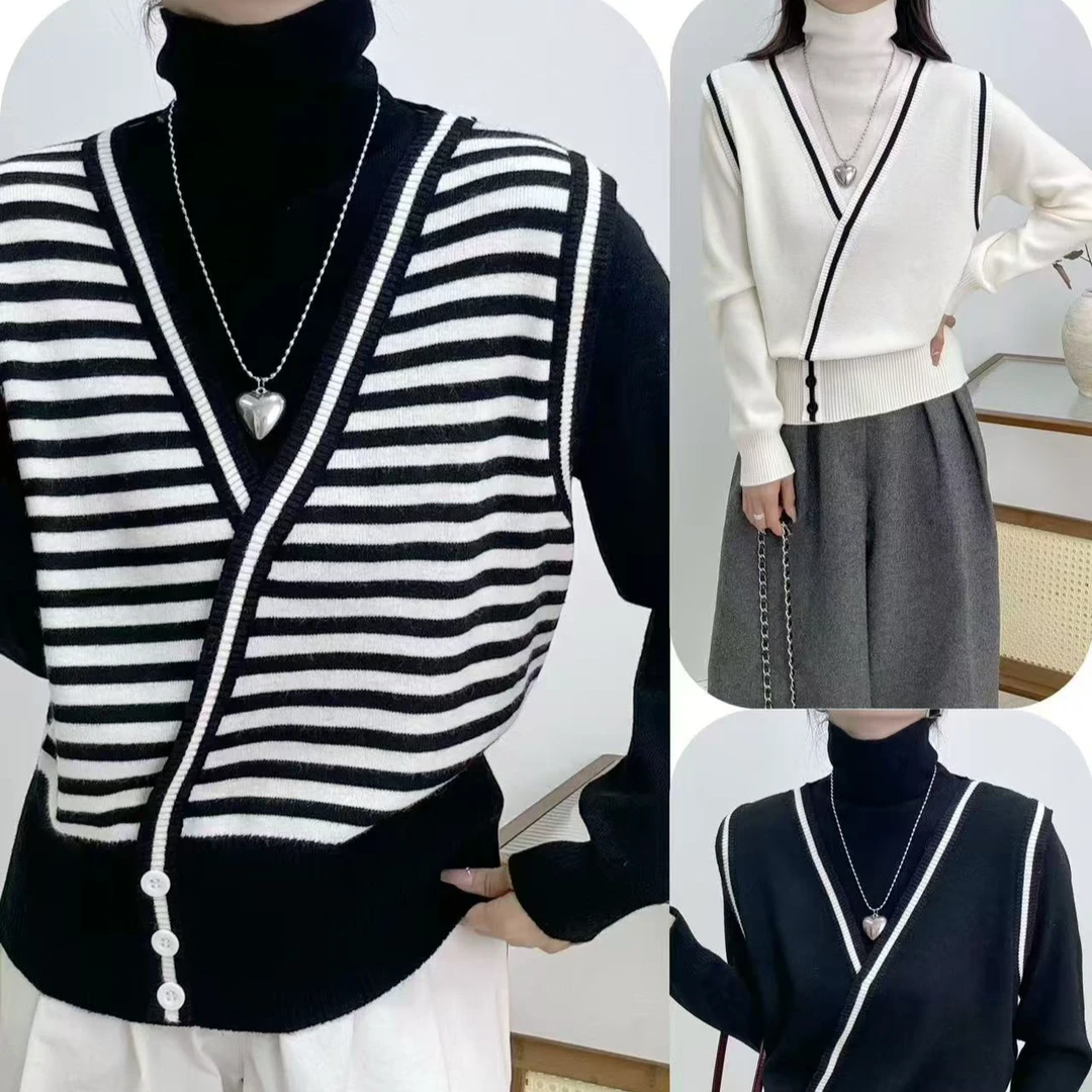 【倩倩专属】新款百搭时尚假两件拼色气质大V针织衫S162#