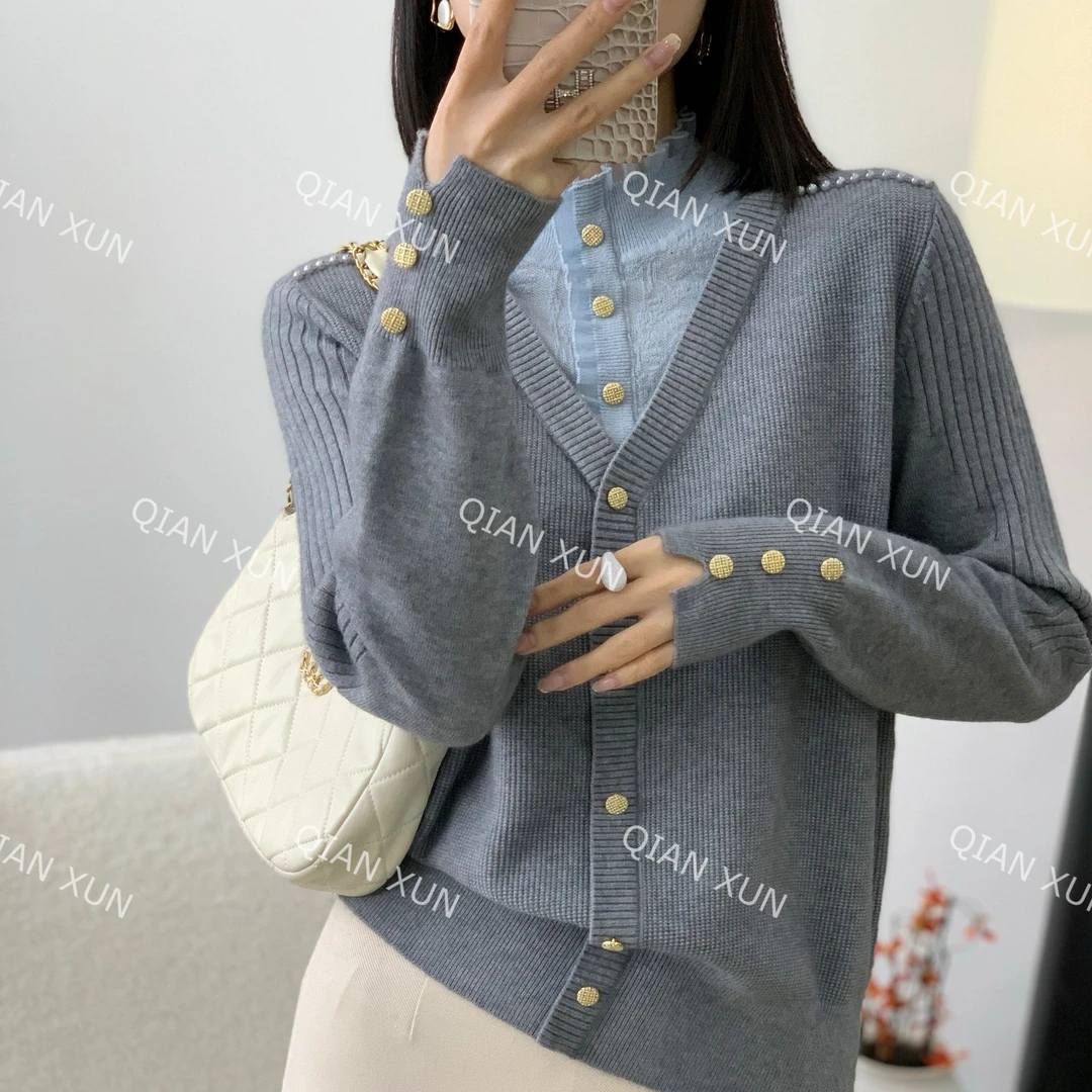 【倩倩专属】秋冬新款气质肩边钉珠假两件设计感时尚针织衫S139#