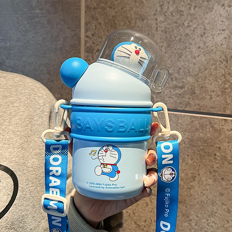 哆啦A梦保温杯316不锈钢吸管杯水壶大容量学生上学专用便携背带