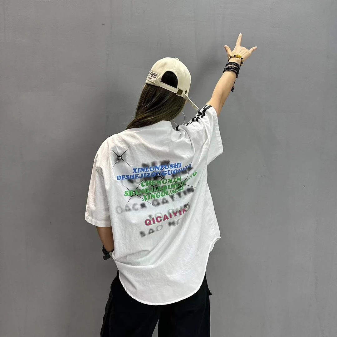 2025夏季新款广场舞曳步舞中式盘扣条纹字母印花衬衫男女同款